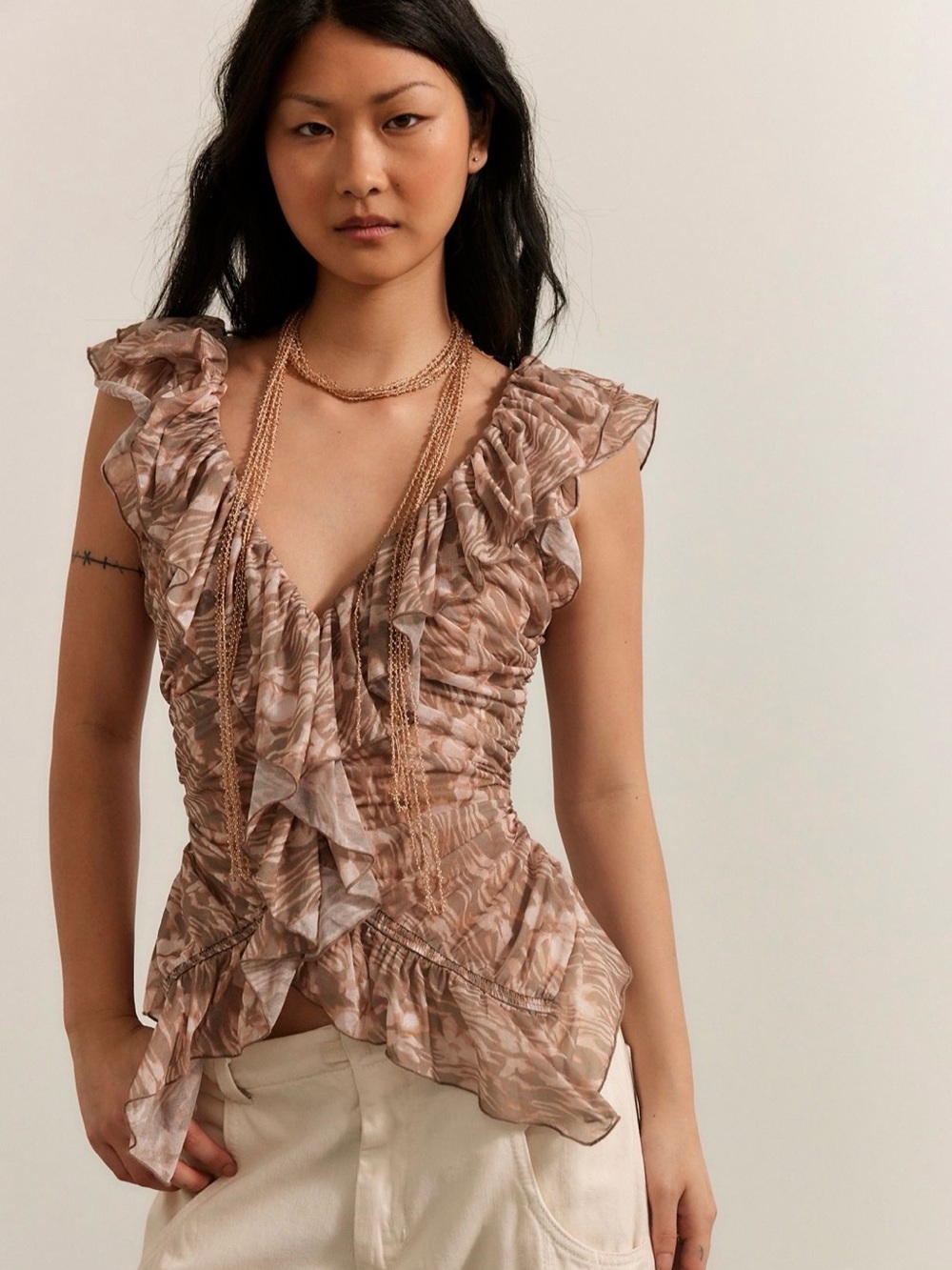 Free People Blythe Printed Ruffled Top in Tan Combo size Large NWT